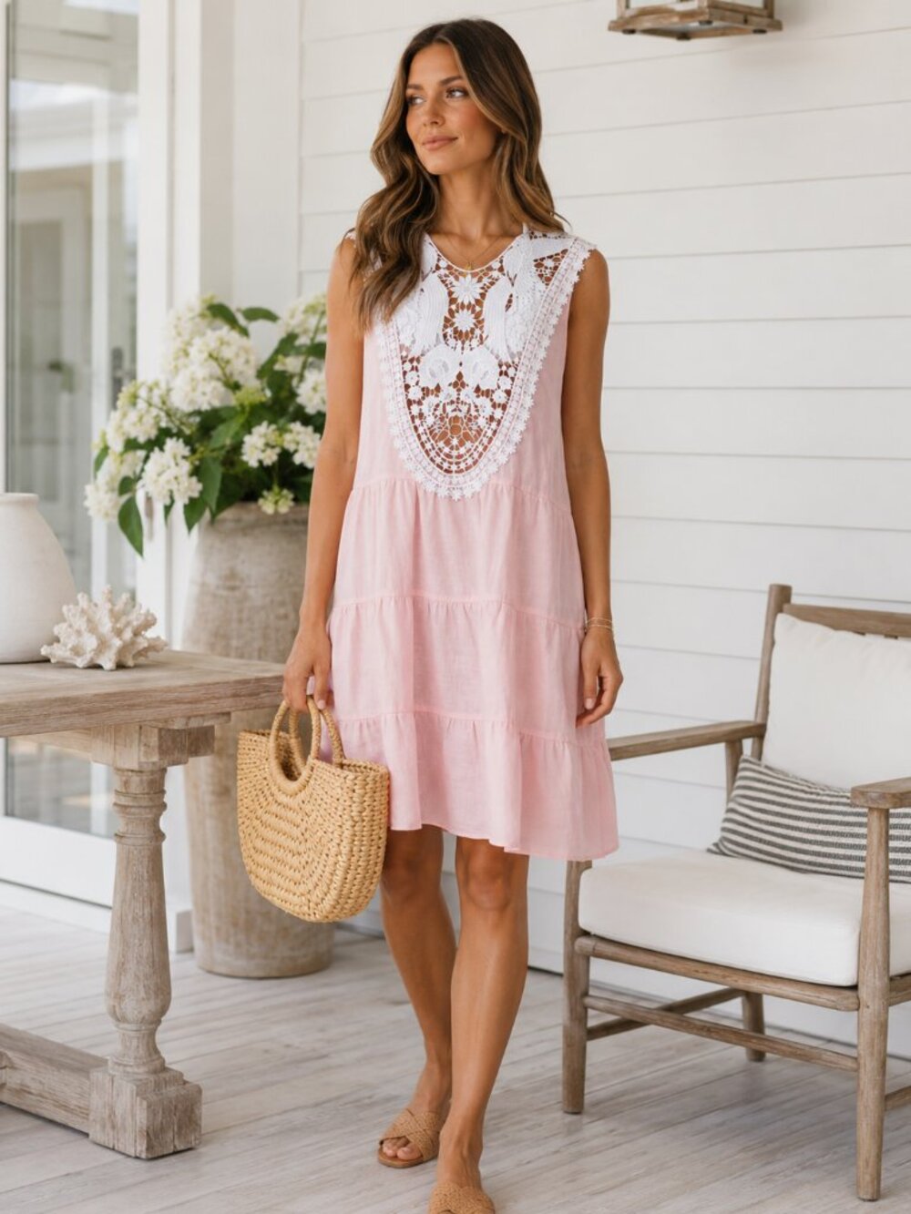 MIGUELINA LINEN AND CROCHET PINK DRESS MEDIUM